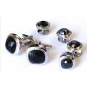 Triple Tier Black Faceted Fiber Optic Stone Studs and Cufflinks